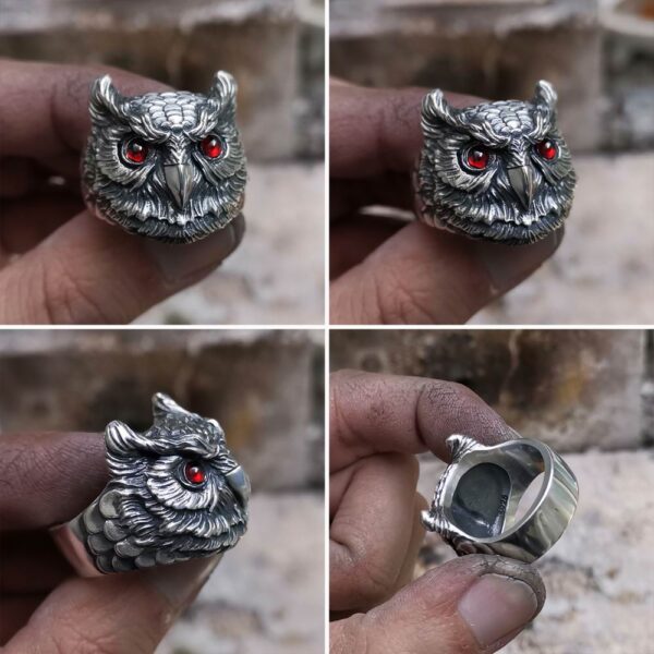 925 Sterling Silver Owl Ring Mens Biker Punk Ring - Image 2