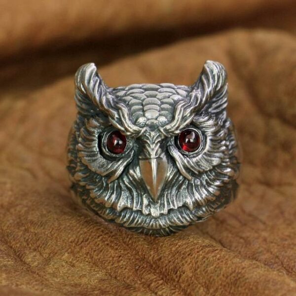 925 Sterling Silver Owl Ring Mens Biker Punk Ring - Image 5