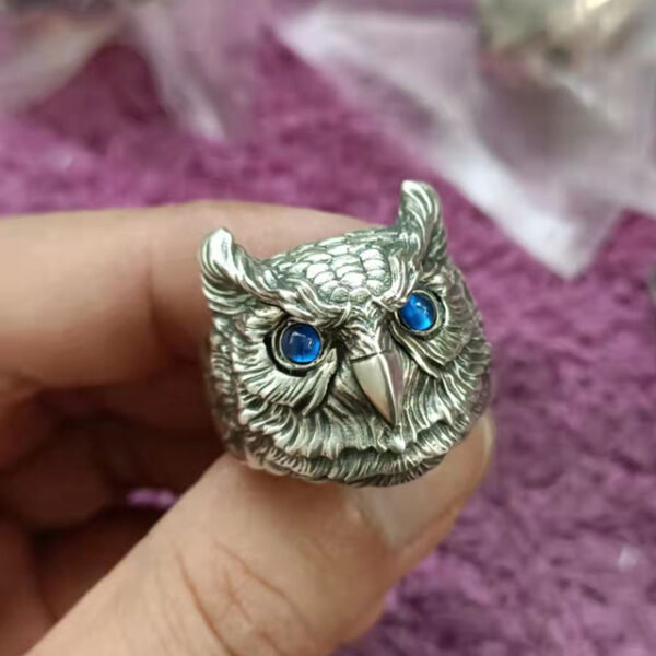 925 Sterling Silver Owl Ring Mens Biker Punk Ring - Image 4