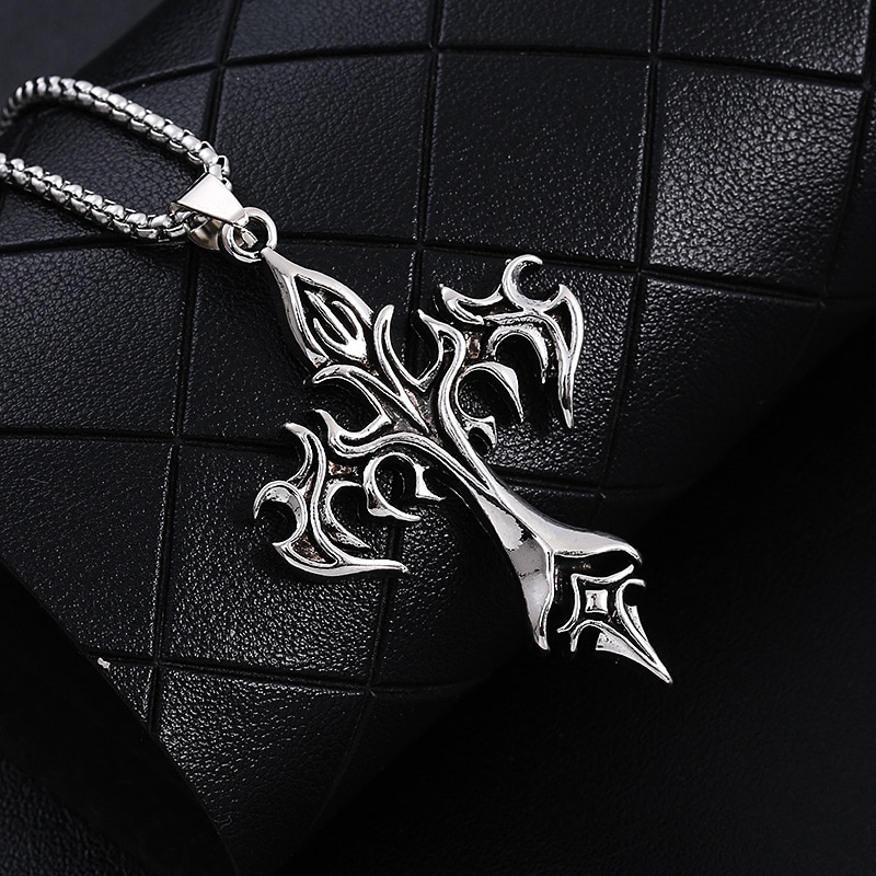 Flame Cross Pendant Necklace For Women Men Gothic Jewelry