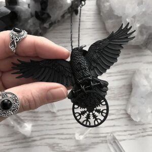 Vintage Black Crow Pendant Necklace For Women Viking Mystic Symbol 