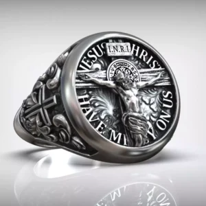 Jesus Christ Crucifix Sterling Silver Signet Ring — Saint Benedict Seal & Christian Protection Jewelry