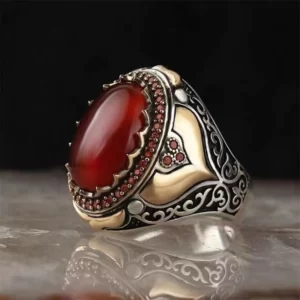 Red Garnet Stone Fire Arabic Ring  Jewelry for Men