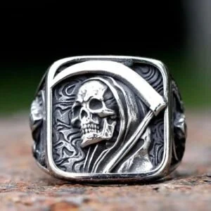 Gothic Skull Ring Stainless Steel Signet Ring for Men Reaper Ring with Hook Design Jewelry Gift